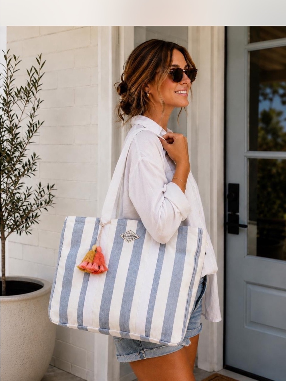 Billabong Striped Canvas Tote Bag with Tassel - Blue & White